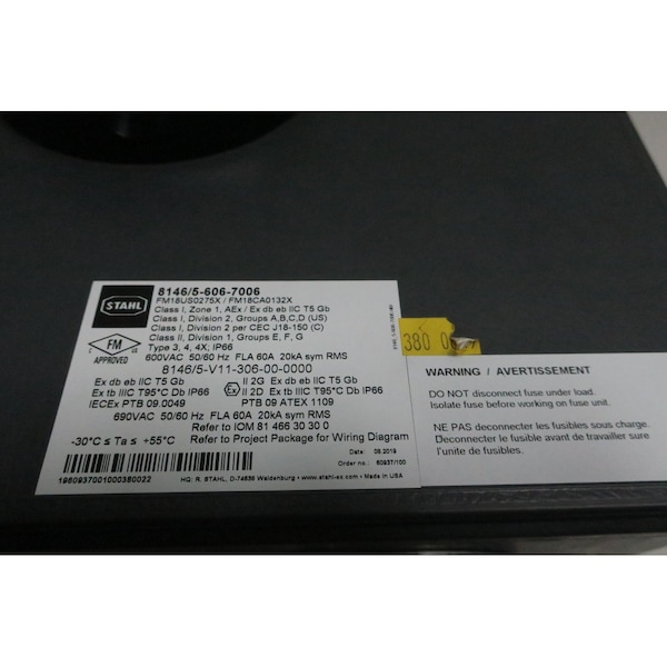Stahl 3P 60A AMP 600V-AC NON-FUSIBLE DISCONNECT SWITCH - 8146/5-606-7006 8146/5-V11-306-00-0000