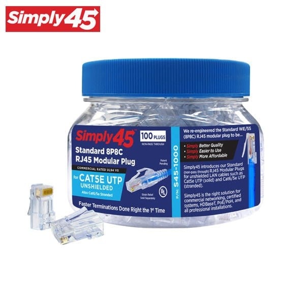 Simply45 Standard Cat5e UTP RJ45 Modular Plugs, Blue Tint - 100pcs/Jar - SIM-S45-1000