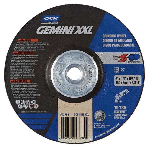 Ruedas de Centro Deprimido Norton Abrasives, Tipo 27, 6 pulgadas de diámetro, 0.25 pulgadas de grosor, tamaño de agujero de eje de 5/8"-11, Óxido de Aluminio - 66252843789