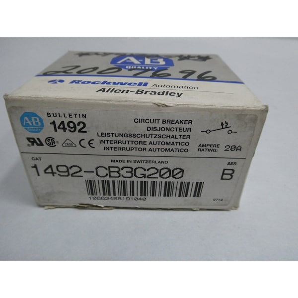 Allen Bradley Miniature Circuit Breaker, 20A, 3 Pole, 480V AC - 1492-CB3G200