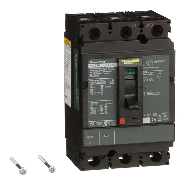 Square D Molded Case Circuit Breaker, HLL Series, 25A, 3 Pole, 600V AC, 125kA at 240V AC - HLL36025