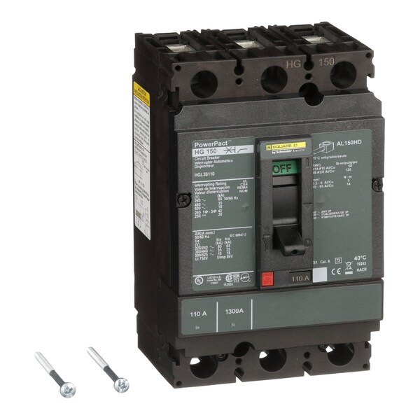 Square D Molded Case Circuit Breaker, HGL Series, 110A, 3 Pole, 600V AC, 65kA at 240V AC - HGL36110