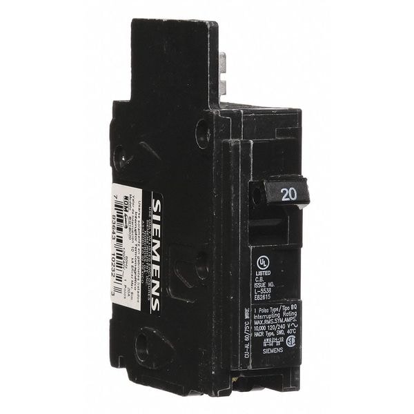 Siemens Miniature Circuit Breaker, BQ Series, 20A, 1 Pole, 120V AC, 10kA at 120V AC - BQ1B020