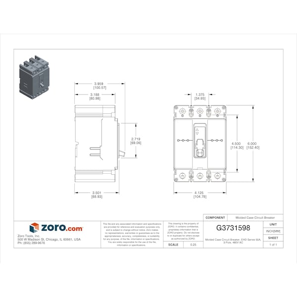 Eaton Molded Case Circuit Breaker, EHD Series, 50A, 3 Pole, 480V AC, 18kA at 240V AC - EHD3050