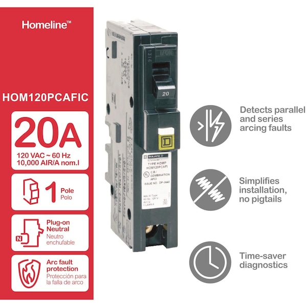 Square D Miniature Circuit Breaker, HOM Series, 20A, 1 Pole, 120V AC, 10kA - HOM120PCAFIC