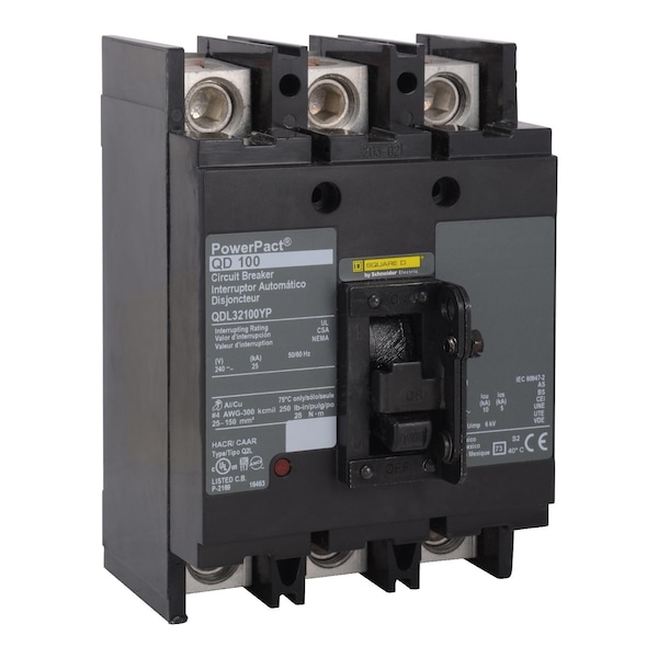 Square D Molded Case Circuit Breaker, QDL Series, 225A, 3 Pole, 240V AC, 25kA at 240V AC - QDL32225YP