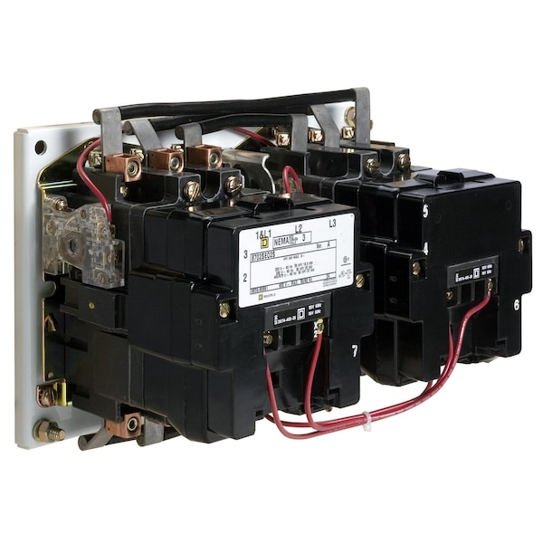 Contactador NEMA Square D, Tipo S, reversión, horizontal, Tamaño 4, 135A, 100HP a 575VCA, 3 fases, hasta 100kA, 3 polos, bobina de 120VCA, estilo abierto - 8702SFO3V02S