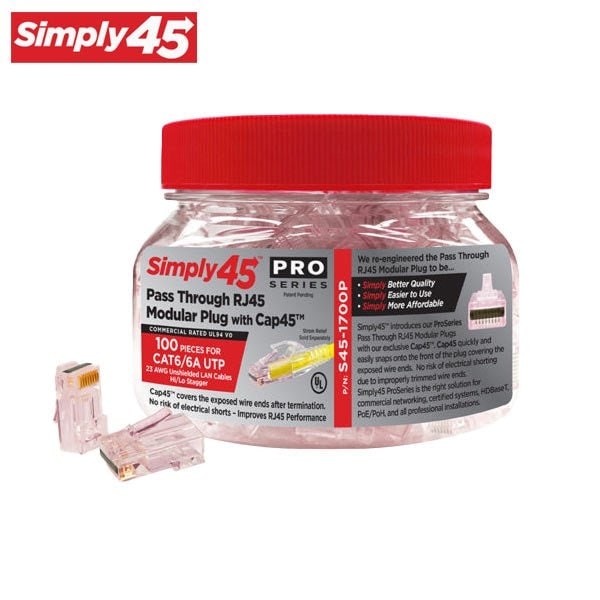 Simply45 ProSeries Pass Through Red Tint, Hi/Lo Stagger - Cat6/6a UTP with Cap45 - 100pc Jar - SIM-S45-1700P