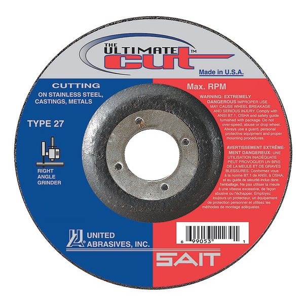 United Abrasives/Sait Rueda de corte de centro deprimido, Tipo 27, 4-1/2" de diámetro, .045" de grosor, tamaño de orificio de árbol de 7/8" - 22380