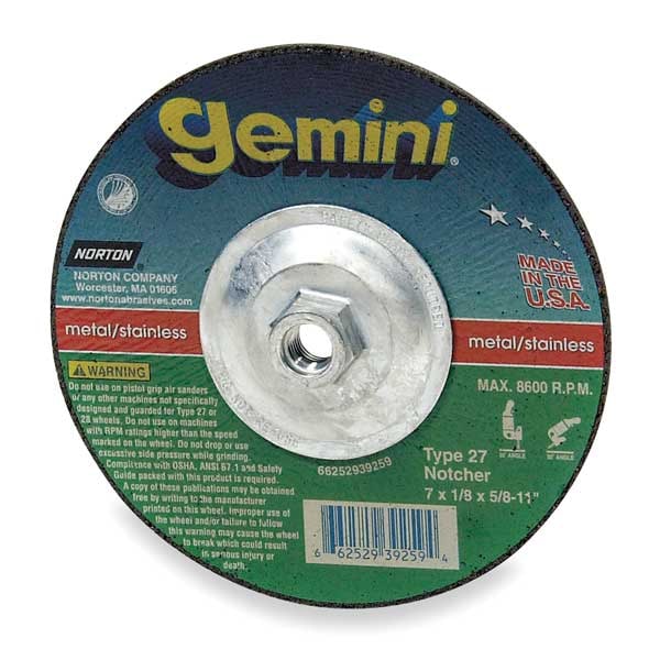 Ruedas de Centro Deprimido Norton Abrasives, Tipo 27, 7 pulgadas de diámetro, 0.125 pulgadas de grosor, tamaño de agujero de arbor de 5/8"-11, Óxido de Aluminio - 66252939259