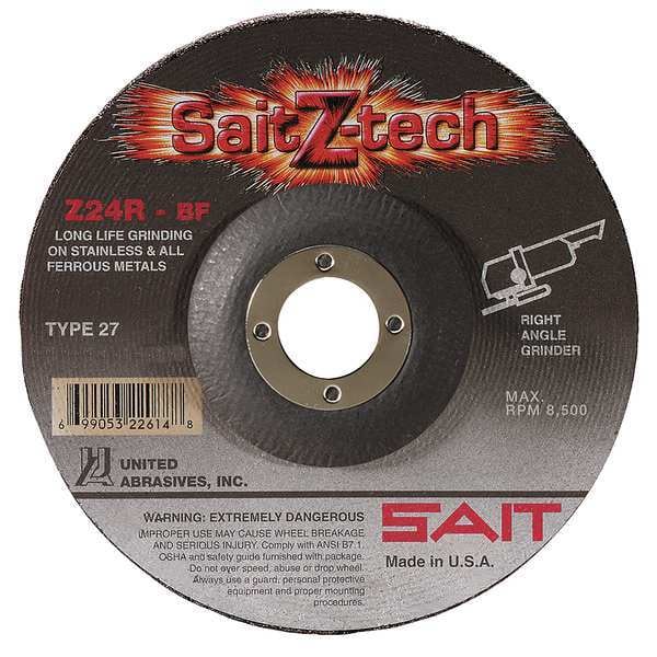 Rueda de rectificado de centro deprimido United Abrasives/Sait, 27, 7" de diámetro, 1/4" de grosor, tamaño de agujero de 7/8" de árbol, Alúmina de circonio - 22604