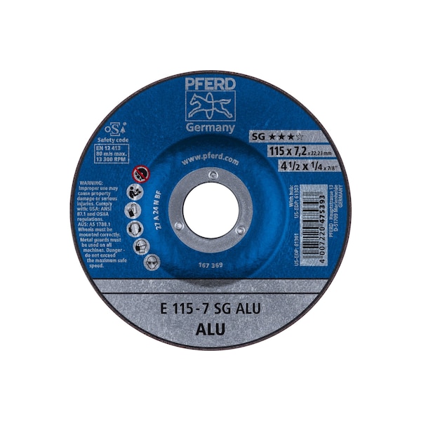 Rueda de rectificado Pferd 4-1/2" x 1/4, 7/8" A.H. - SG ALU - Tipo 27 - 61301