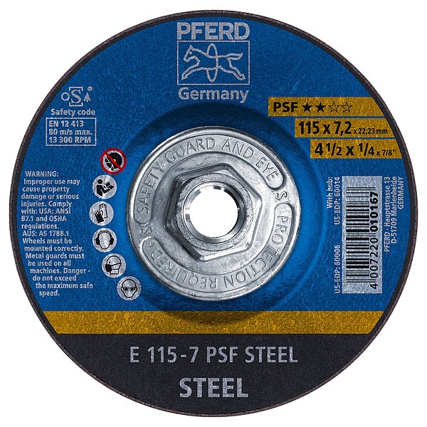 Muela de rectificado Pferd de 4-1/2" x 1/4, 5/8-11 Thd. - ACERO PSF - Tipo 27 - 60014