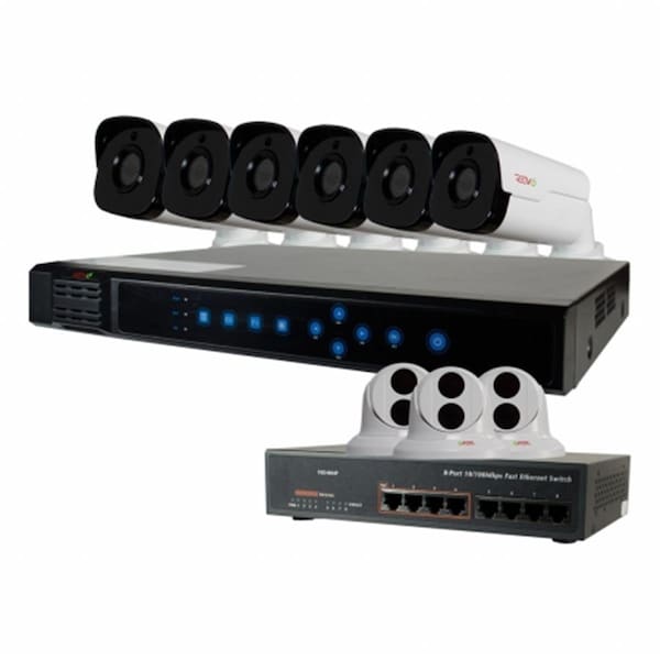 Revo America Ultra HD 16 Channel 3TB Network Video Recorder Surveillance System with 4 Megapixel 9 Bullet Cameras - RU161T3GB6G-3T