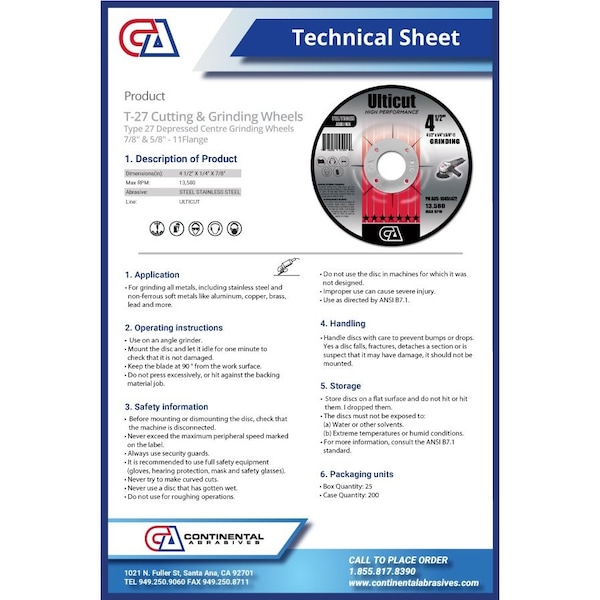 Rueda de rectificación de centro deprimido Continental Abrasives 4-1/2" x 1/4" x 7/8" Ulticut T27 - AU5-10451452