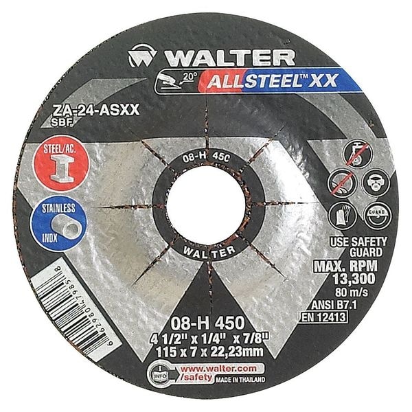 Rueda de esmerilado de centro deprimido Walter Surface Technologies, Tipo 27, 0.25 pulgadas de espesor, Óxido de aluminio - 08H450