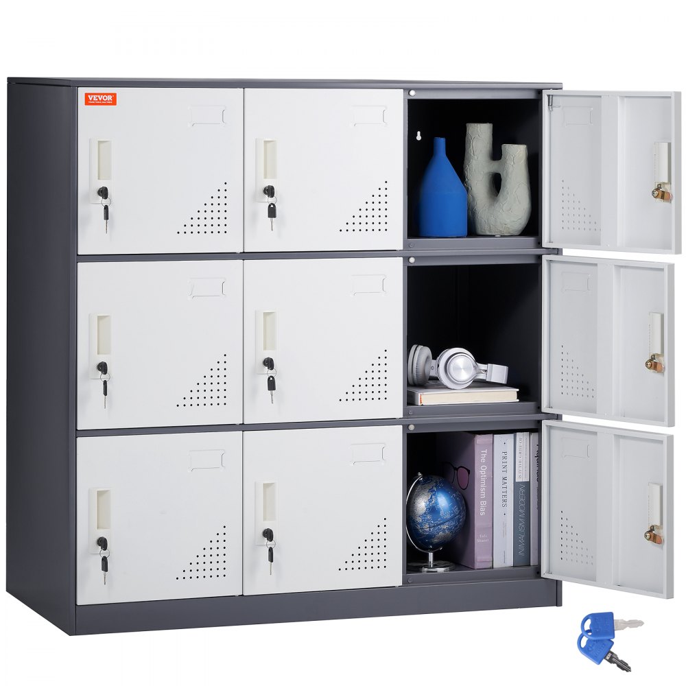 VEVOR Metal Locker for Employees, 9 Doors Storage Cabinet with Card Slot, Gray Steel Employee Lockers with Keys, 66lbs Loading Capacity office Storage Lockers for Home, School, Office, Gym - JCJHSBMY33180TSQWV0