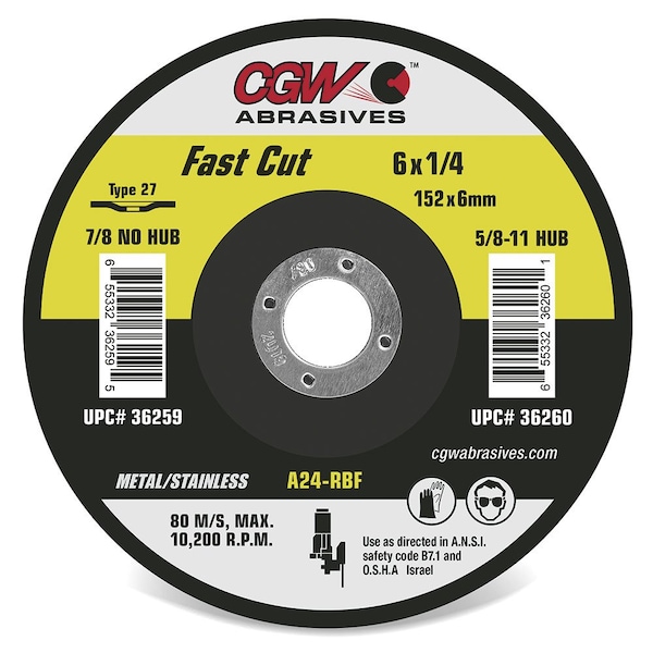 Rueda de centro deprimido CGW Abrasives 35623 4-1/2" x 1/4" x 5/8 - 11 Tipo 27 24 Granos Óxido de Aluminio - 35623
