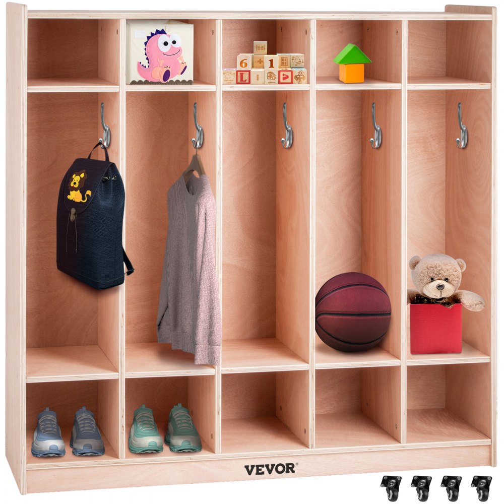VEVOR Preschool Cubby Lockers 5-Section Plywood Birch Coat Locker 15MM Thickness Kids Locker for Home 48.4 Inch High Durable Classroom Lockers for Toddlers and Kids Commercial or Personal Use - CWG5JETCWG0000001V0
