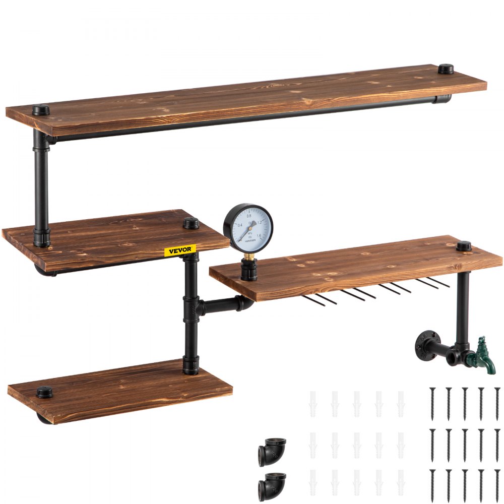 VEVOR Iron Pipes Shelving, Industrial Steel Pipe Shelf w/ 4-Tier Wood Planks, Wall Mounted Modern Rustic Floating Shelves, DIY Storage Bracket for Bathroom, Bookshelf, Kitchen, and Home Decor - GSCWJ40208IN4K81FV0
