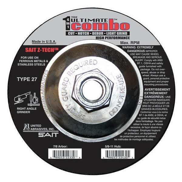 United Abrasives/Sait Rueda de corte de centro deprimido, Tipo 27, 4-1/2" de diámetro, .095" de grosor, tamaño de orificio de 5/8"-11 - 22430