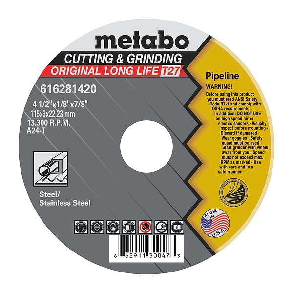 Rueda para tuberías Metabo, T27, A24T, 4.5"X1/8"X7/8" - 616281420