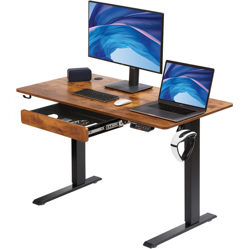 VEVOR Height Adjustable Desk, 47.2 x 23.6 in with Drawer, 3-Key Modes Electric Standing Desk,Whole Piece Desk Board, Dual Metal Frame, 180 LBS Capacity Computer Sit Stand up Desk, for Home and Office - SJCTZMMZS1206ZI0PV1