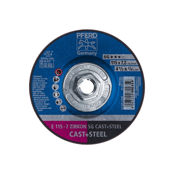 Rueda de rectificado Pferd de 4-1/2" x 1/4, 5/8-11 Thd. - ZIRKON SG CAST+STEEL - Tipo 27 - 61603