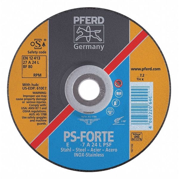 Ruedas con centro deprimido Pferd, Tipo 27, 9 pulgadas de diámetro, 1/4 de pulgada de grosor, tamaño de orificio del eje de 5/8"-11, óxido de aluminio - 61007