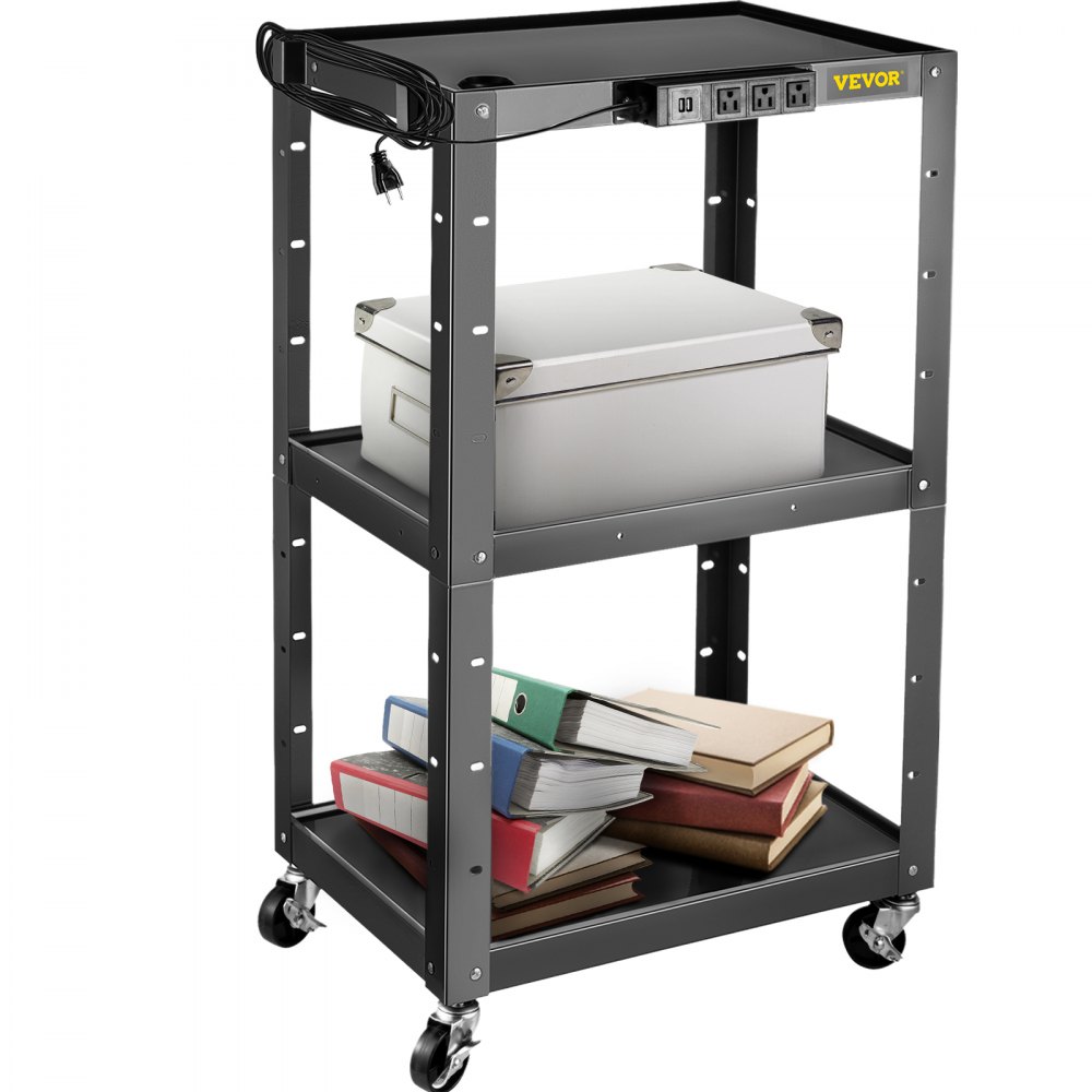 VEVOR Steel AV Cart, 24-42" Height Adjustable Media Cart with Electric Power Cord, 24 x 32" Presentation Cart with 3 shelves, 150 LBS Rolling Projector Cart with and 2 Brakes Suitable for load-bearing - SCTCAVELRKFYEYES7V1