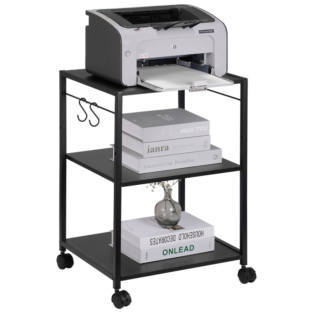 VEVOR Printer Stand, Height Adjustable 3 Tier Printer Stand, Printer Cart with Storage Shelves and Hooks for Printer, Scanner, Fax, Home Office Use, EPA Certified, Black - ZJKDYJZJ375CMDGD3V0