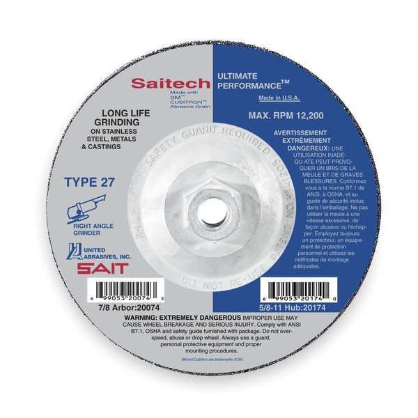 United Abrasives/Sait Rueda de desbaste de centro deprimido, 27, 9" de diámetro, 1/4" de grosor, tamaño de agujero del husillo de 5/8"-11, cerámica - 20099.