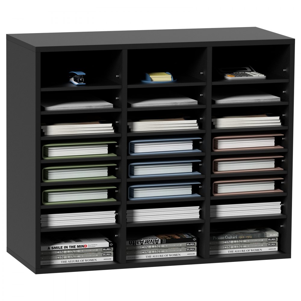 VEVOR Wood Literature Organizer, 24 Compartments, File Sorter with Removable Shelves, Mailboxes Slot for Office Home Classroom Mailrooms Organization, EPA Certified, Black - MZWJZLFPJBH243C54V0