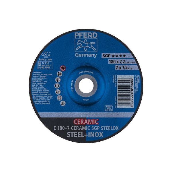 Rueda de esmerilado Pferd de 7" x 1/4", 7/8" A.H. - CERAMIC SGP STEELOX - Tipo 27 - 60058