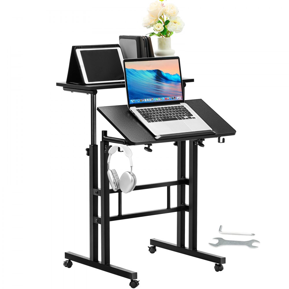 VEVOR Mobile Standing Desk, 26.4"-44.9" Gas-Spring Height Adjustable Sit-Stand Desk, Home Office Rolling Laptop Table 360° Swivel Wheels (4 Lockable), 0-45° Tillable Desktop, 2 Hooks, 40LBS Loading - SCSGSJBGZMDFD7HTEV0