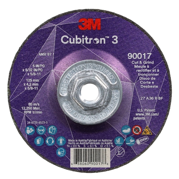 Rueda de corte y desbaste 3M Cubitron 3, 90017, 36+, T27, 5 pulgadas x 5/32 pulgadas x 5/8 pulgadas-11 (125 x 4.2 mm x 5/8-11 pulgadas), ANSI, 10 piezas por caja - 90017