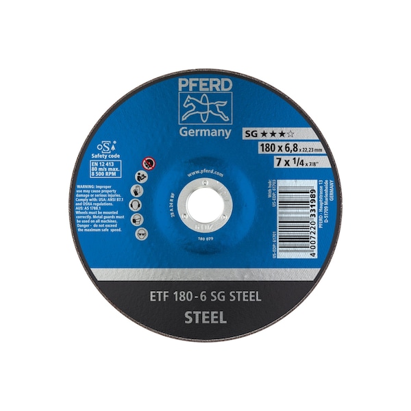 Rueda de esmerilado de 7" x 1/4 Pferd, 7/8" A.H. - ACERO SG - Tipo 28 - 61701