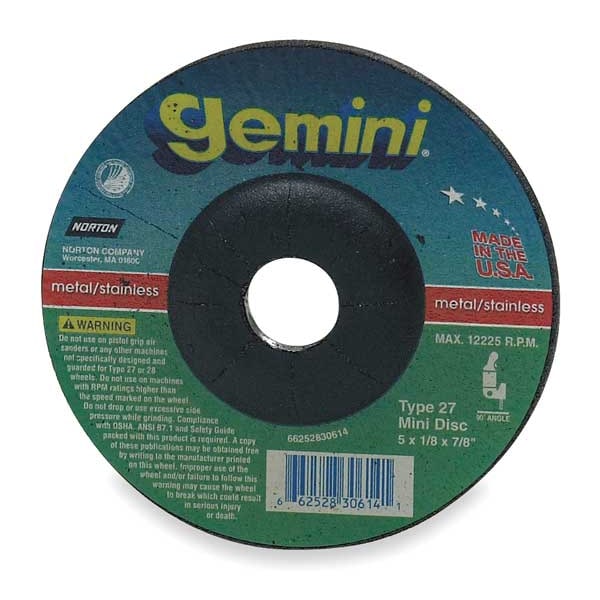 Ruedas de Centro Deprimido Norton Abrasives, Tipo 27, 5 pulgadas de diámetro, 0.125 pulgadas de grosor, tamaño de agujero de árbol de 7/8 pulgadas, Óxido de Aluminio - 66252843596.