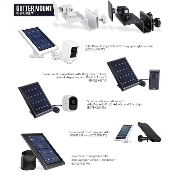Wasserstein Gutter Mount, for Ring, Arlo, Blink, Reolink Cams, Compatible, Solar Panels, Black - GutterSolarBlkUSA