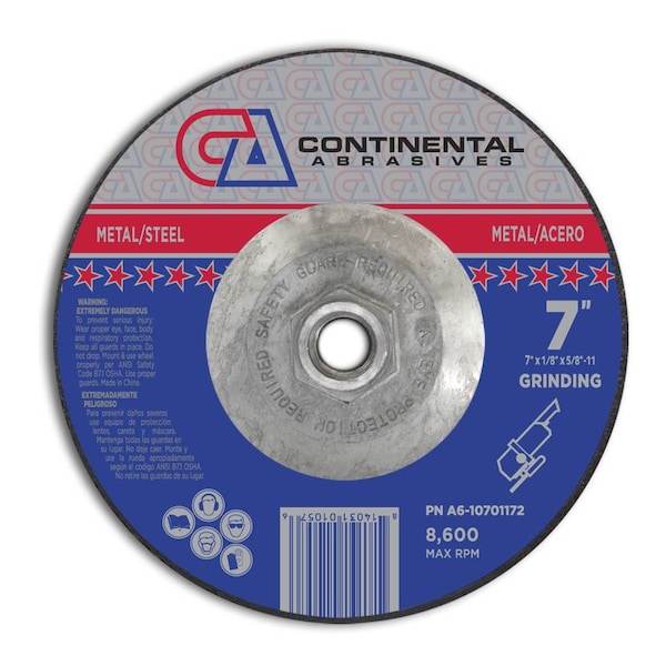 Rueda de corte y rectificado en centro deprimido y ranurado Continental Abrasives de 7" x 1/8" x 5/8-11" - Modelo Signature T27 - A6-10701172