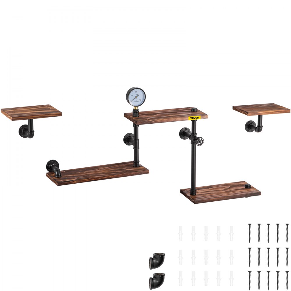 VEVOR Industrial Pipe Shelving, Pipe Shelves with 5-Tier Wood Planks, Rustic Floating Shelves Wall Mounted, Wall Shelf DIY Bookshelf for Bar Kitchen Bathroom Farmhouse Living Room, 47x28x9 inch - GSCWJ10206IN52TGVV0