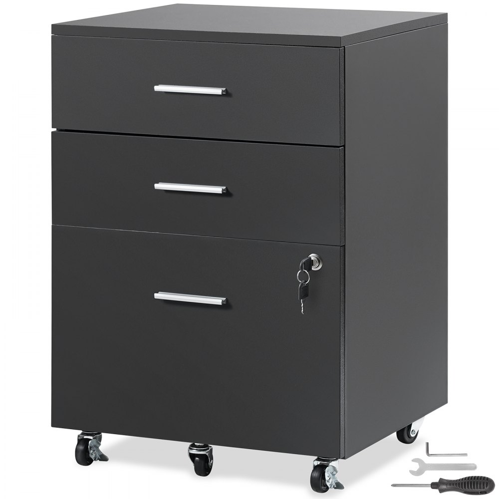 VEVOR File Cabinet, 3-Drawer Wood Filing Cabinet, Locking Office Cabinet for Letter/A4 Size, File Cabinet with 5 Wheels for Home Office, Black - MZWJJ16INCH36T2INV0
