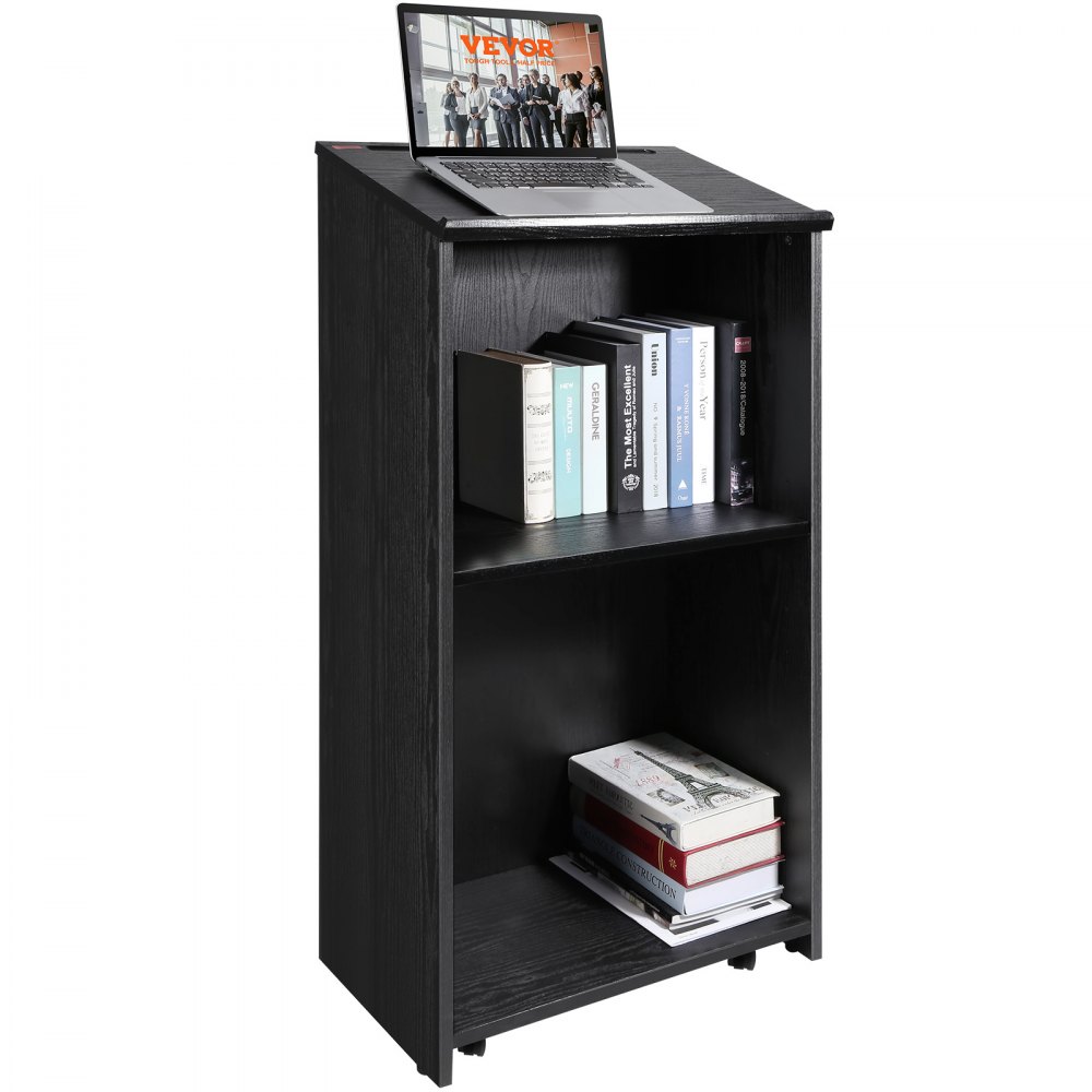 VEVOR Podium Stand, 47 in Hostess Stand with 4 Rolling Wheels, Wood Podium with Storage Shelves, and Slant Desktop, Lecterns & Podiums for Church, Office, School, Home, Black - CTSJTHSYMDF47ZN65V0