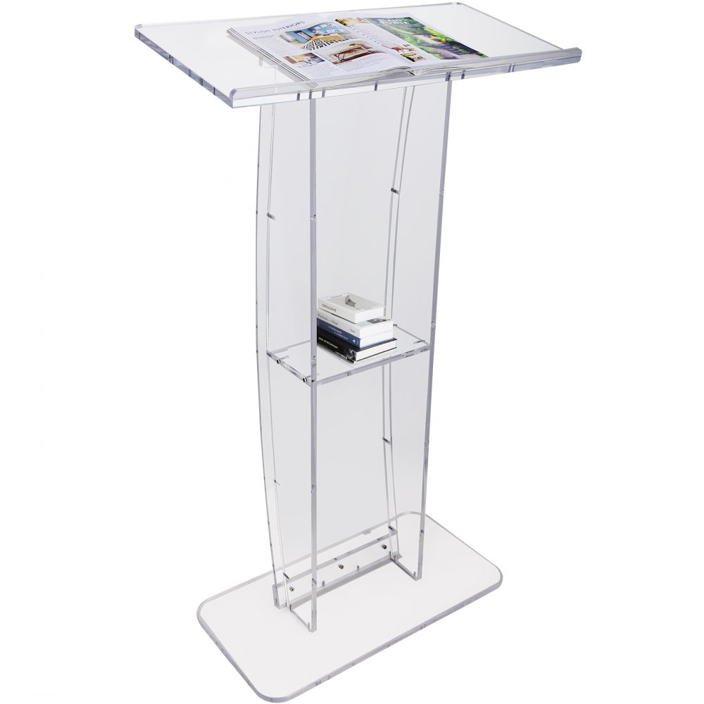VEVOR Acrylic Podium, 47" Clear Acrylic Podium Stand with Wide Reading Surface & Storage Shelf, Floor-standing Clear Pulpits Acrylic for Church Office School - CTSJTYKLBST47YW3EV0
