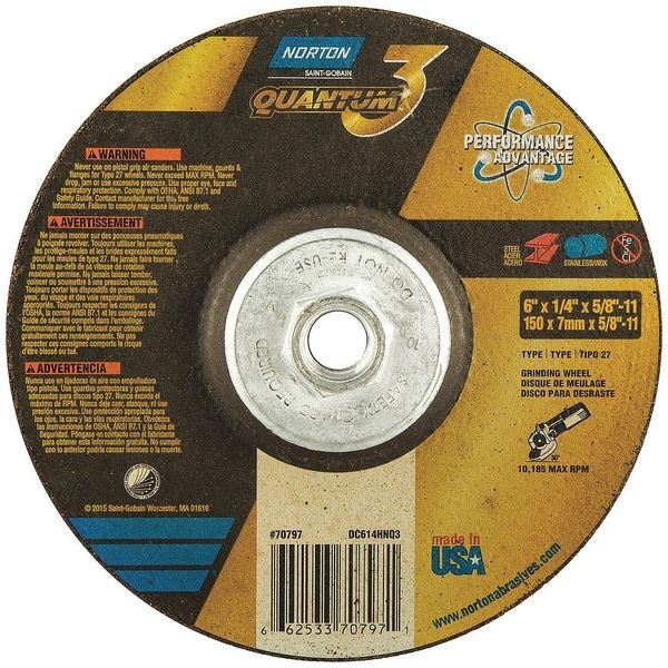 Ruedas de Centro Deprimido Norton Abrasives, Tipo 27, 6 pulgadas de diámetro, 0.25 pulgadas de grosor, Tamaño de orificio de vástago de 5/8"-11, Cerámica - 66253370797