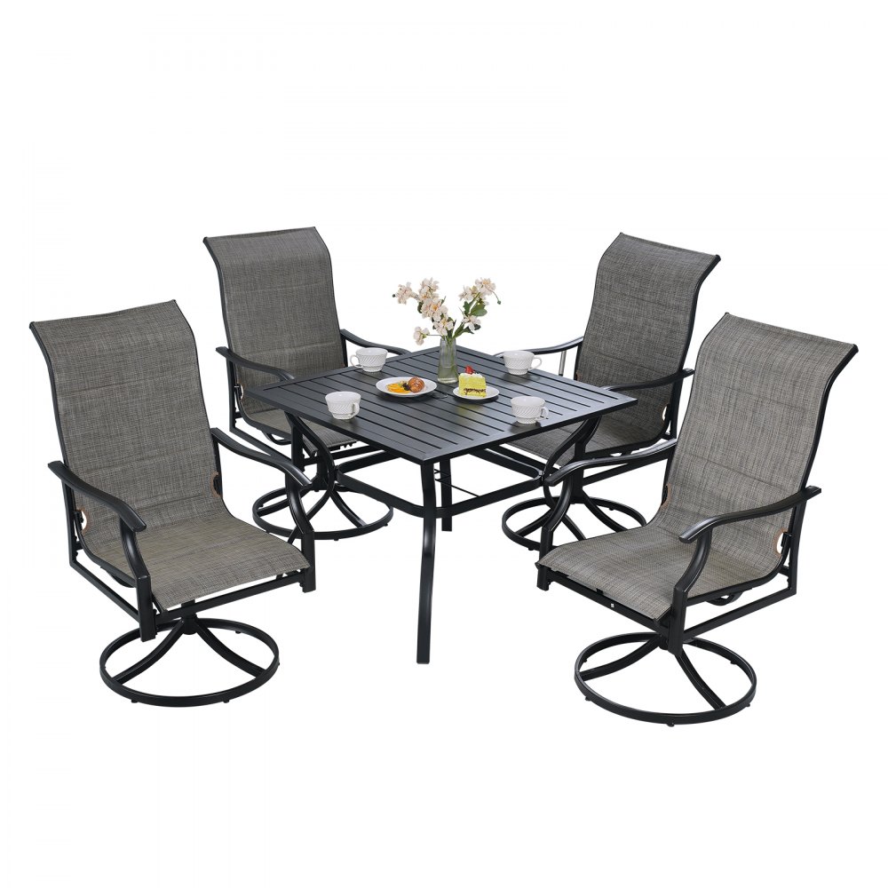 VEVOR 5 Pieces Patio Dining Set, Outdoor Furniture Table and Swivel Chairs Set, All Weather Garden Furniture Table Sets, Iron Patio Conversation Set with Umbrella Hole, For Lawn, Deck, Backyard, Black - LTCZYWDXG4ZYVJQRNV0