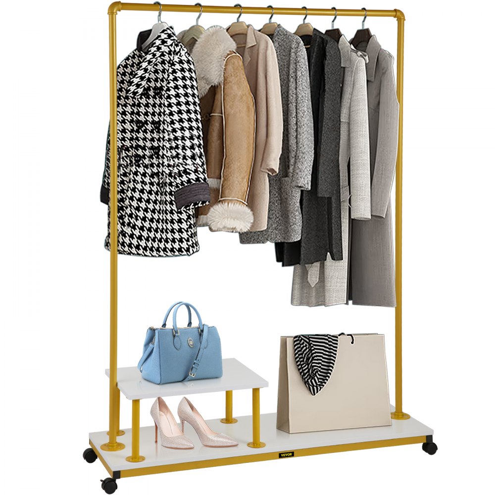 VEVOR Clothing Garment Rack, 47.2"x14.2"x63.0", Heavy-Duty Clothes Rack w/Bottom Shelf & Side Shelf, 4 Swivel Casters, Sturdy Steel Frame, Rolling Clothes Organizer for Retail Store Boutique, Gold - ZSJJSGWZBDDWCCAB5V0