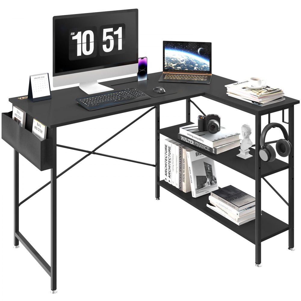 VEVOR L Shaped Computer Desk, 47'' Corner Desk with Storage Shelves, Bag, Phone Slot, and Headphone Hook, Work Desk Gaming Desk for Home Office Workstation, Black - XZJBGZL47INCHS5P8V0