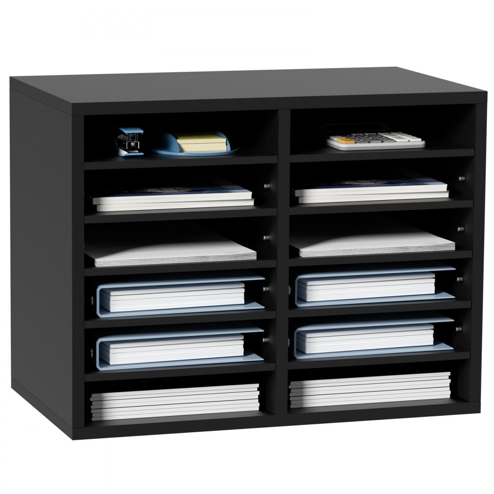 VEVOR Wood Literature Organizer, 12 Compartments, File Sorter with Removable Shelves, Mailboxes Slot for Office Home Classroom Mailrooms Organization, EPA Certified, Black - MZWJZLFPJBH12855MV0