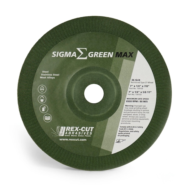 Rueda de esmerilado Rex Cut Sigma Green Max, 7 x 1/4 x 7/8", grano 36 - 739103